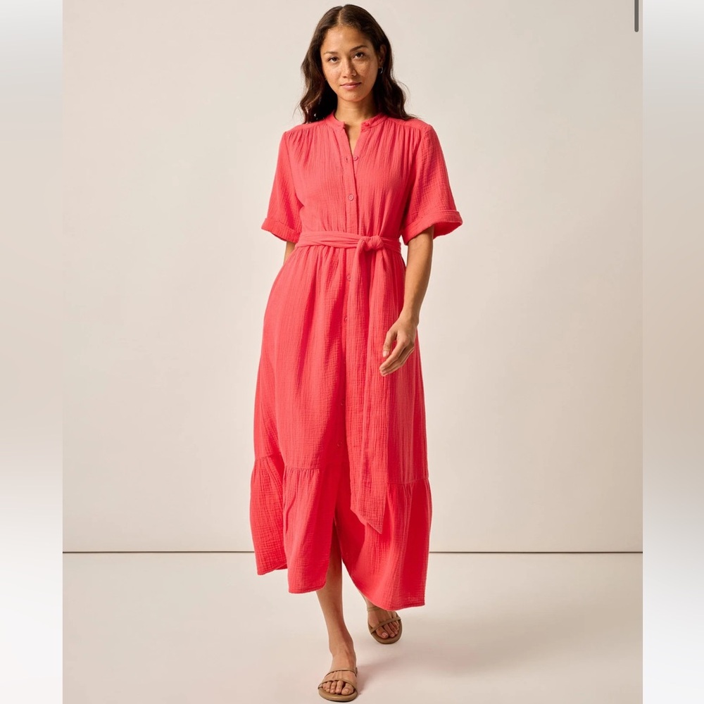 johnnie-O Julie Button Up Cotton Maxi Dress Size L Red Pink